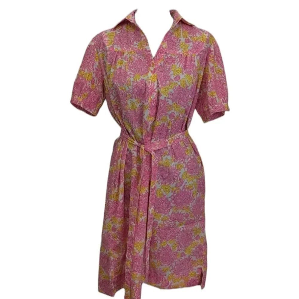 RARE Vintage 1970s Lilly Pulitzer Pink & Yellow Floral Shirt Dress Size M